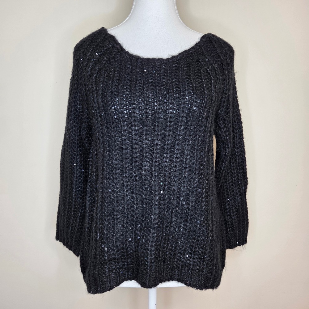 Knitted &‎ Knotted Anthropologie Black Sequin Chunky Knit Sweater Sparkle Size M